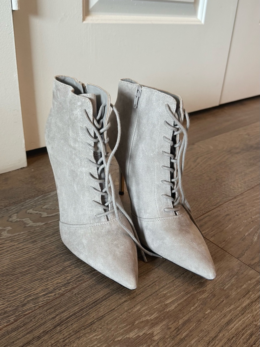 Something Navy Gray Suede Lace-Up Pointed Toe Stiletto Ankle Boots